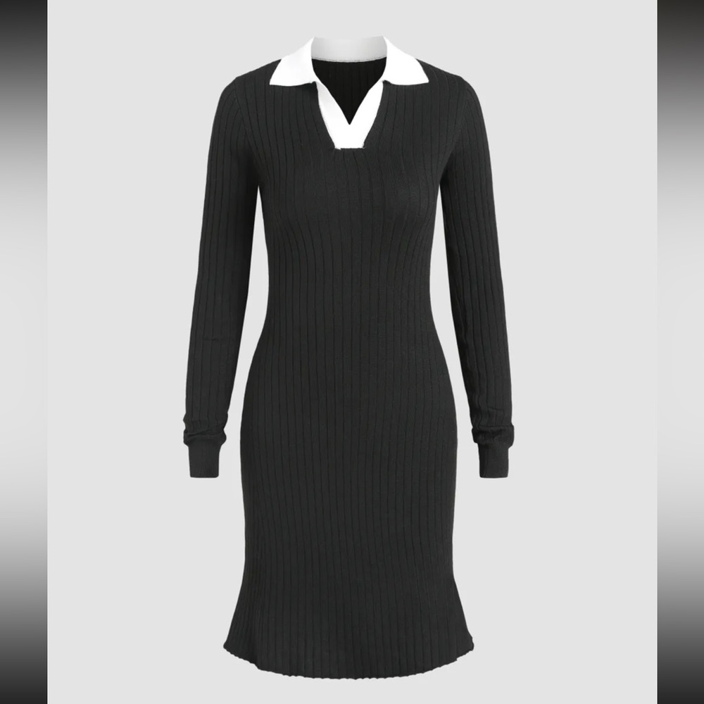 Cider Black and White Ribbed Knit Long Sleeve Dress